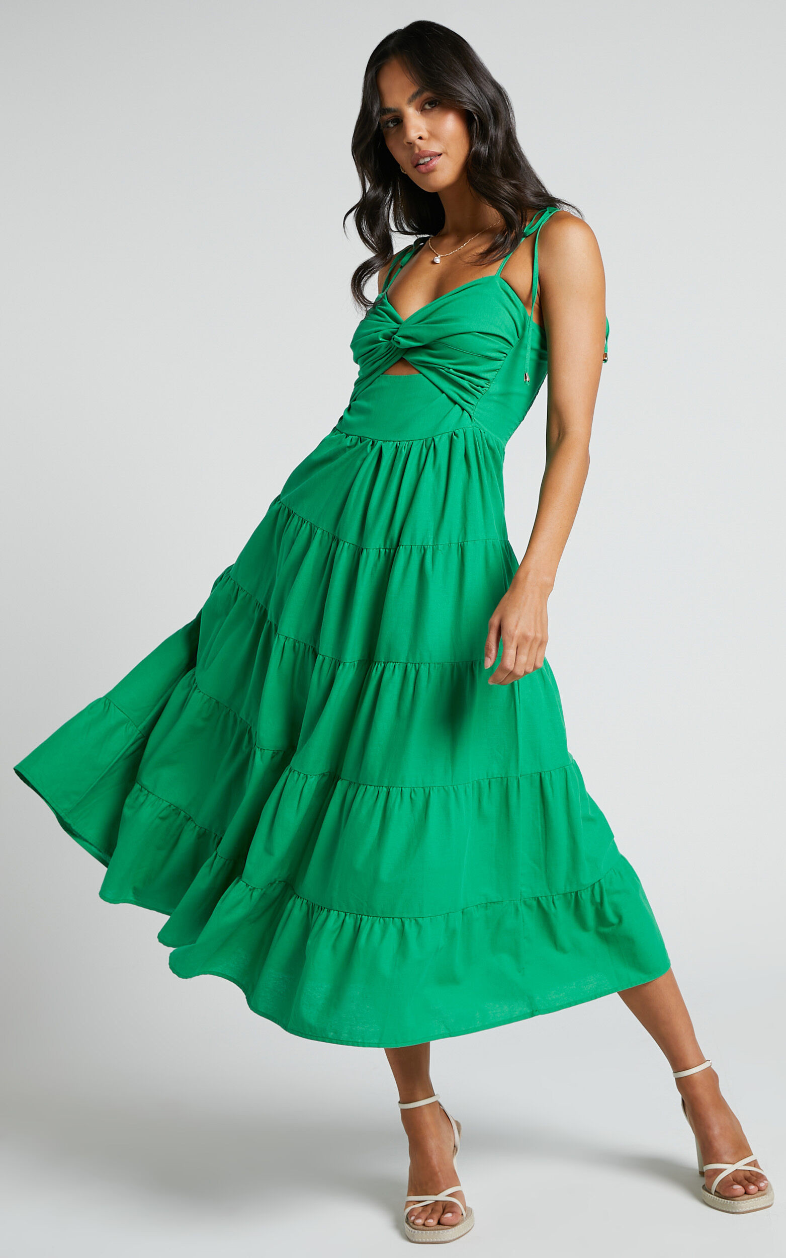 Leticia Maxi Dress - Twist Front Tie Strap Tiered Dress in Green | Showpo (US, UK & Europe)
