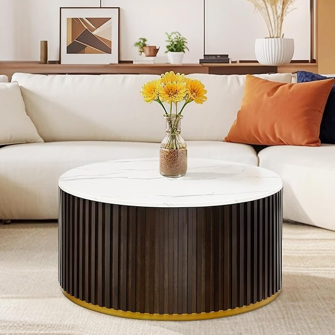 Round Wood Coffee Table with Marble Lid ＆ Hidden Storage, Modern Circle Handcraft Coffee Table ... | Amazon (US)