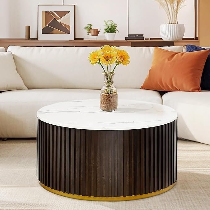 Round Wood Coffee Table with Marble Lid ＆ Hidden Storage, Modern Circle Handcraft Coffee Table ... | Amazon (US)