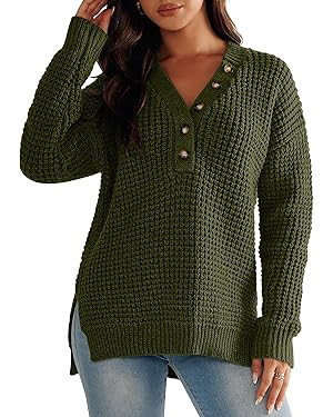 ANRABESS Womens Oversized Sweater Long Sleeve Loose V Neck Button Jumper Casual Waffle Side Slit ... | Amazon (US)