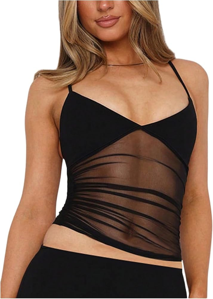 RoseSeek Women's Sheer Mesh Camisole Tops Ruched V Neck Spaghetti Strap Crop Tank Top | Amazon (US)