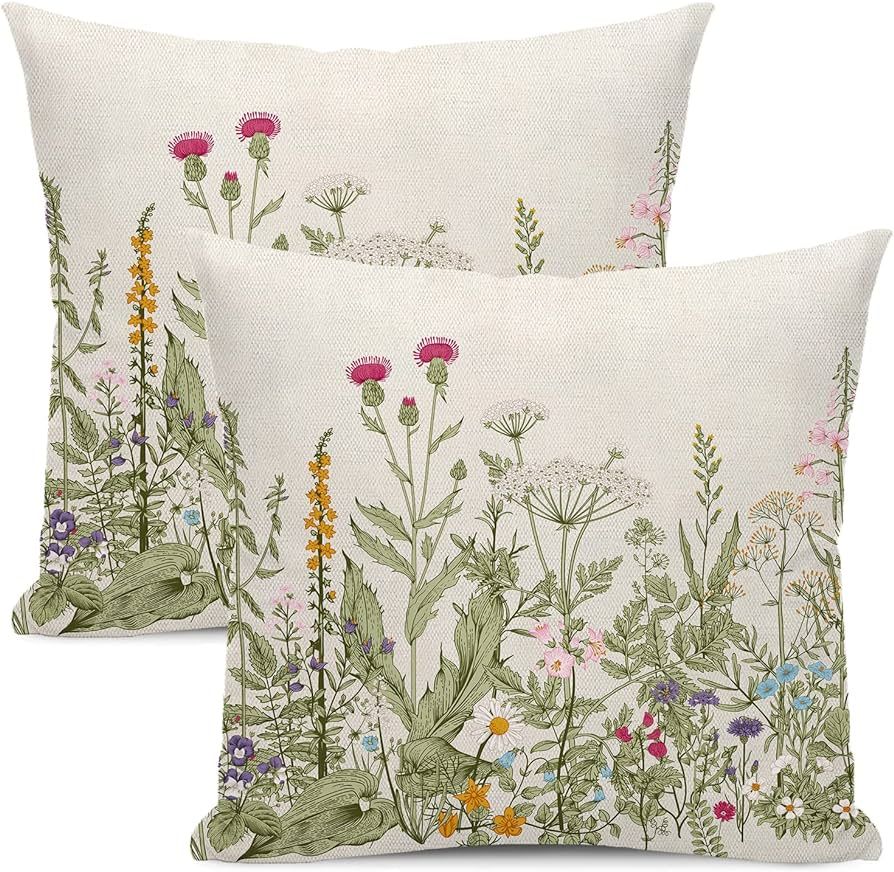Spring Floral Pillow Covers 20 x 20 Inch Set of 2 Vintage Sage Green Wild Flowers Decor Throw Pil... | Amazon (US)