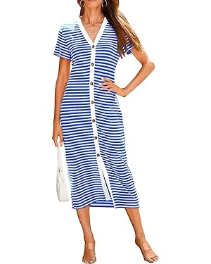 BTFBM Women Casual Summer Dresses Short Sleeve Striped Midi Dresses Decorative Button Ribbed Knit... | Amazon (US)