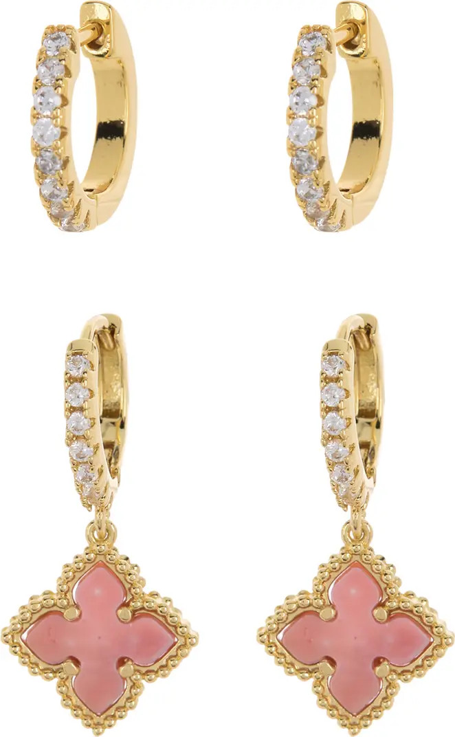 14K Gold Plated Pave Swarovski Crystal Huggie Pink Mother-of-Pearl Quatrefoil Drop Earrings Set | Nordstrom Rack