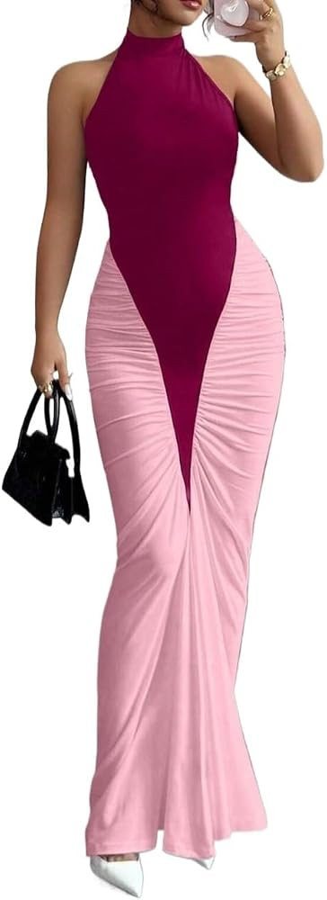 Elegant Women's Sleeveless Ruched Backless Bodycon Dress Colorblock Halter Neck Fishtail Hem for ... | Amazon (US)