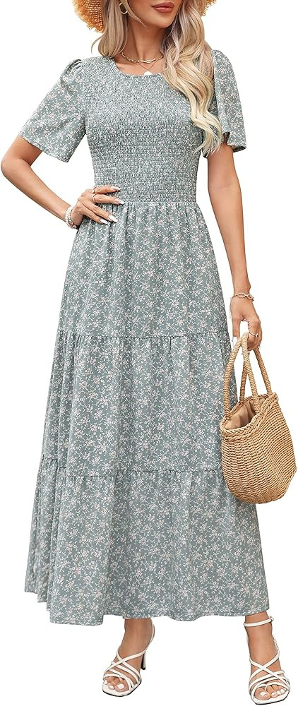 Maggeer Womens 2024 Summer Spring Smocked Wedding Guest Maxi Dress Casual Short Sleeve Floral Boh... | Amazon (US)