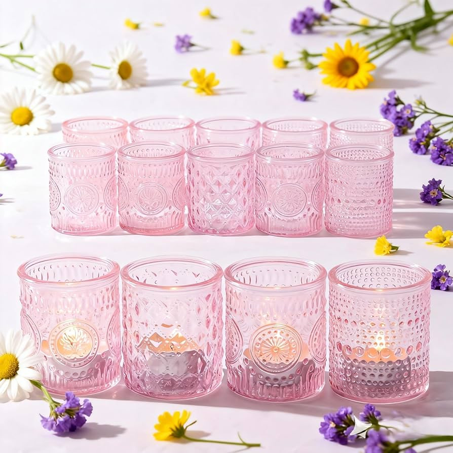 LETINE Set of 16 Pink Votive Candle Holders, Glass Tea Light Candle Holder with 4 Retro & Floral ... | Amazon (US)