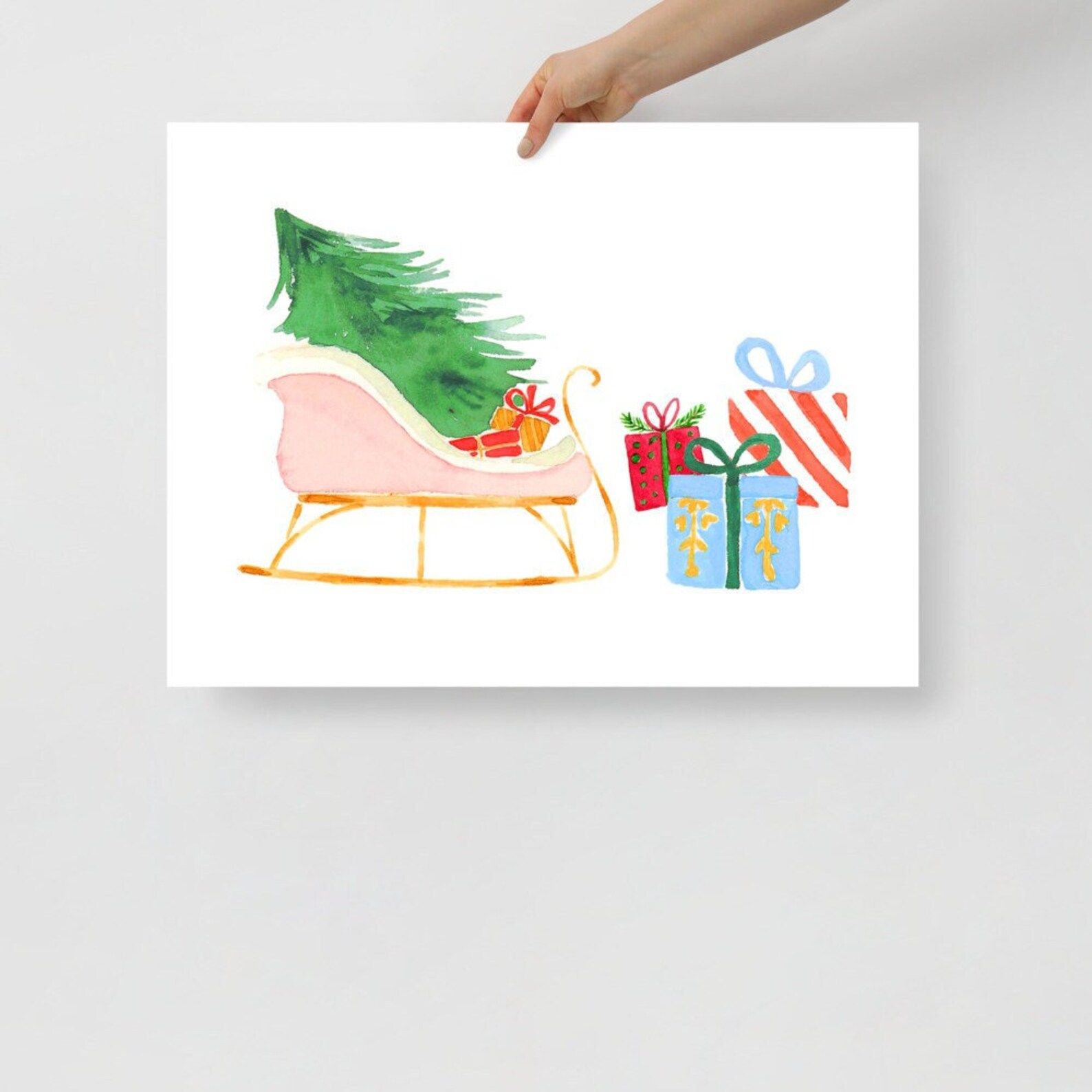 Christmas Sleigh & Presents Watercolor Art Print | Etsy (US)