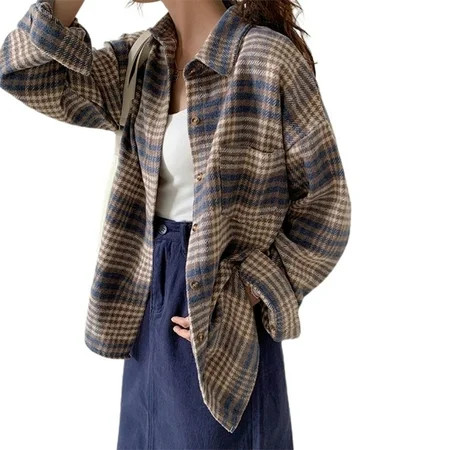 Musuos Women Button Down Lapel Jacket Long Sleeve Plaid Print Chest Pocket Loose Shirt Thicker Coat | Walmart (US)