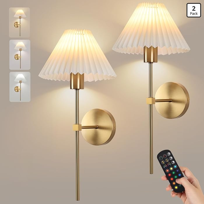 Wireless Wall Sconce Sets of 2, Pleated Shades Rechargeable Battery Operated Wall Sconce, Retro I... | Amazon (US)