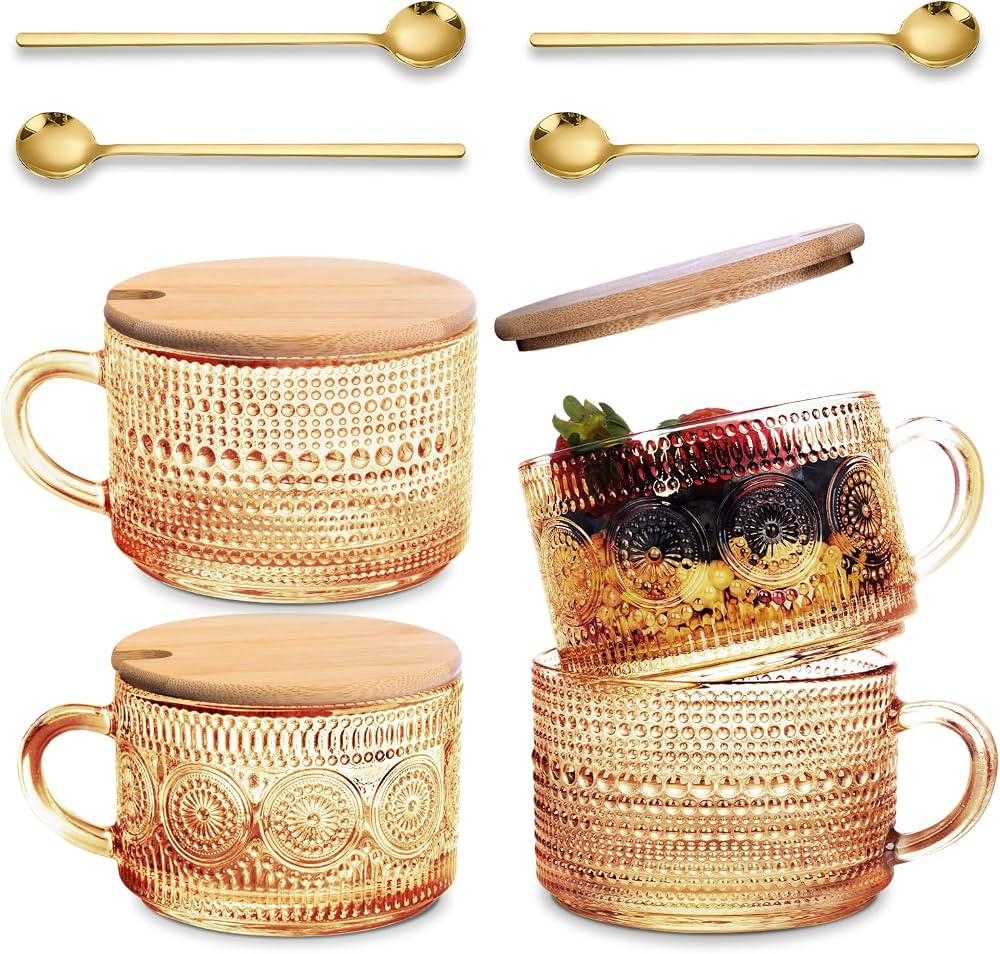 Ollieroo 4pcs Coffee Cups,Vintage Coffee Mugs, Overnight Oats Containers with Lids and Spoons, 14... | Amazon (US)