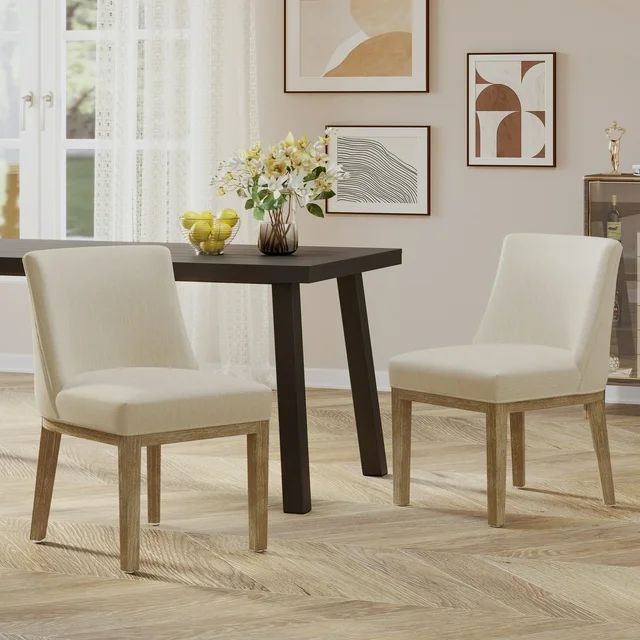 Noble House Elmore Fabric Upholstered Wood Dining Chairs, Set of 2, Beige and Weathered Natural | Walmart (US)