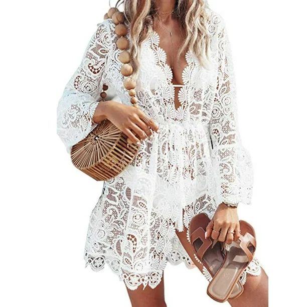 Multitrust Women Lace Crochet Bikini Cover Up Swimwear Bathing Suit Summer Beach Dress | Walmart (US)