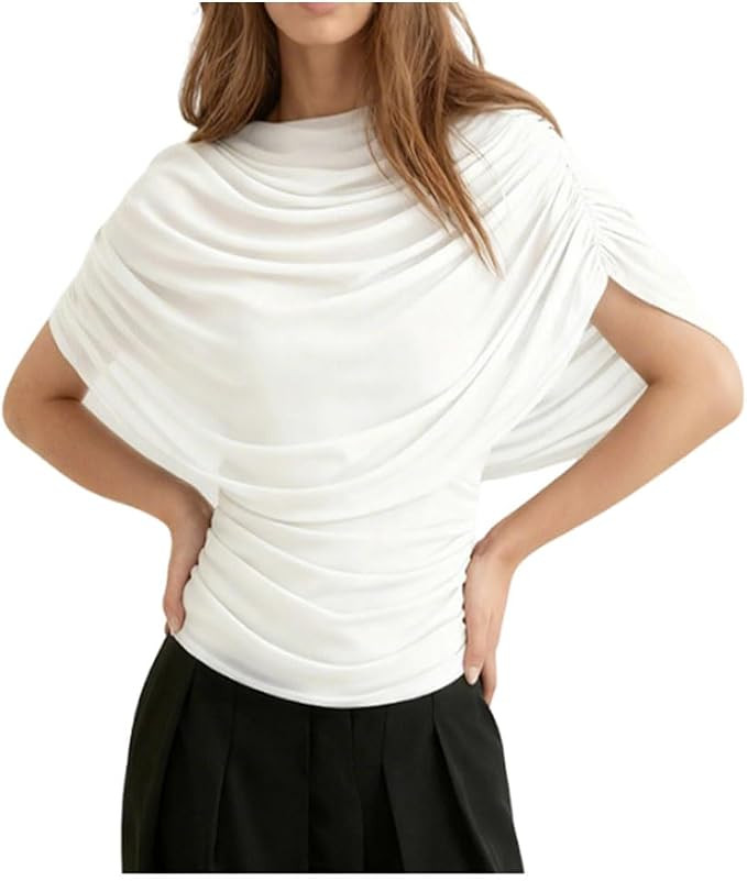 Women Y2k Half Cape Sleeve Ruched Blouse Trendy Slim Fit Draped Boat Neck Mesh Patchwork Cinched ... | Amazon (US)