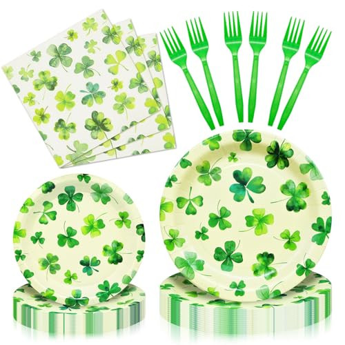 96 Pieces St. Patrick's Day Tableware Set - Shamrock Disposable Dinnerware with Clover Design Plates, Napkins, and Forks for Irish Celebrations and Festive Gatherings, Serves 24 Guests | Amazon (US)
