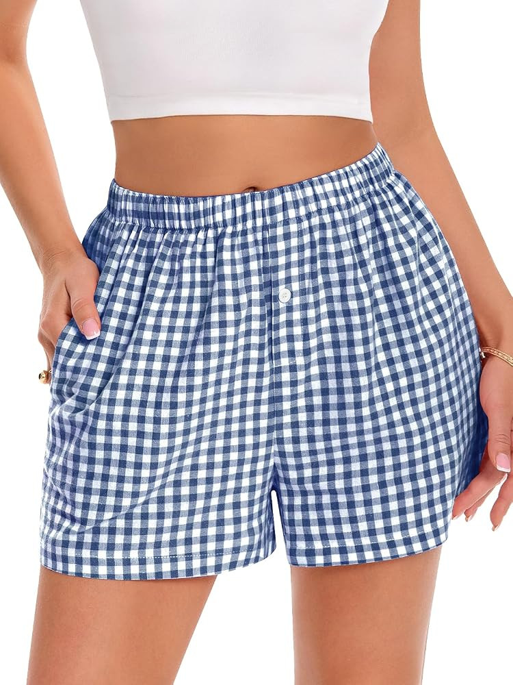 Boxer Shorts for Women Summer Gingham Pajama 2026 Summer Casual Plaid Shorts Y2K Beach Bottoms wi... | Amazon (US)