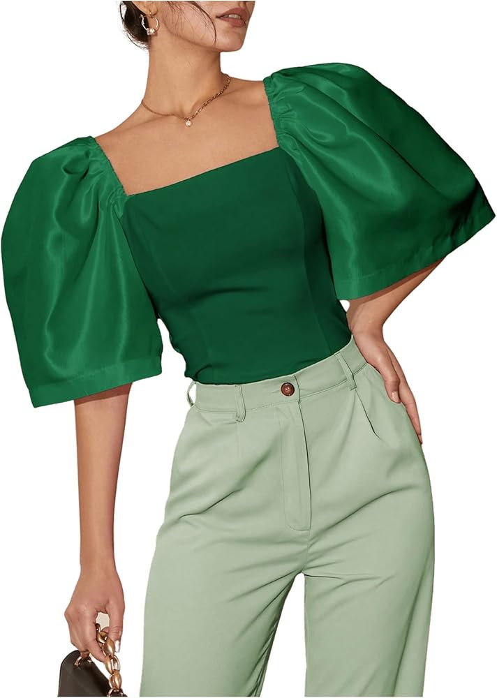 Floerns Women's Square Neck Puff Short Sleeve Elegant Blouse Crop Top | Amazon (US)