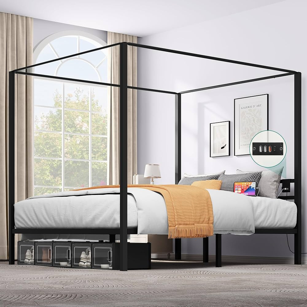 YITAHOME Canopy Bed Frame, King Size Metal Bed Frame with USB Charging Station, Four Poster Platf... | Amazon (US)