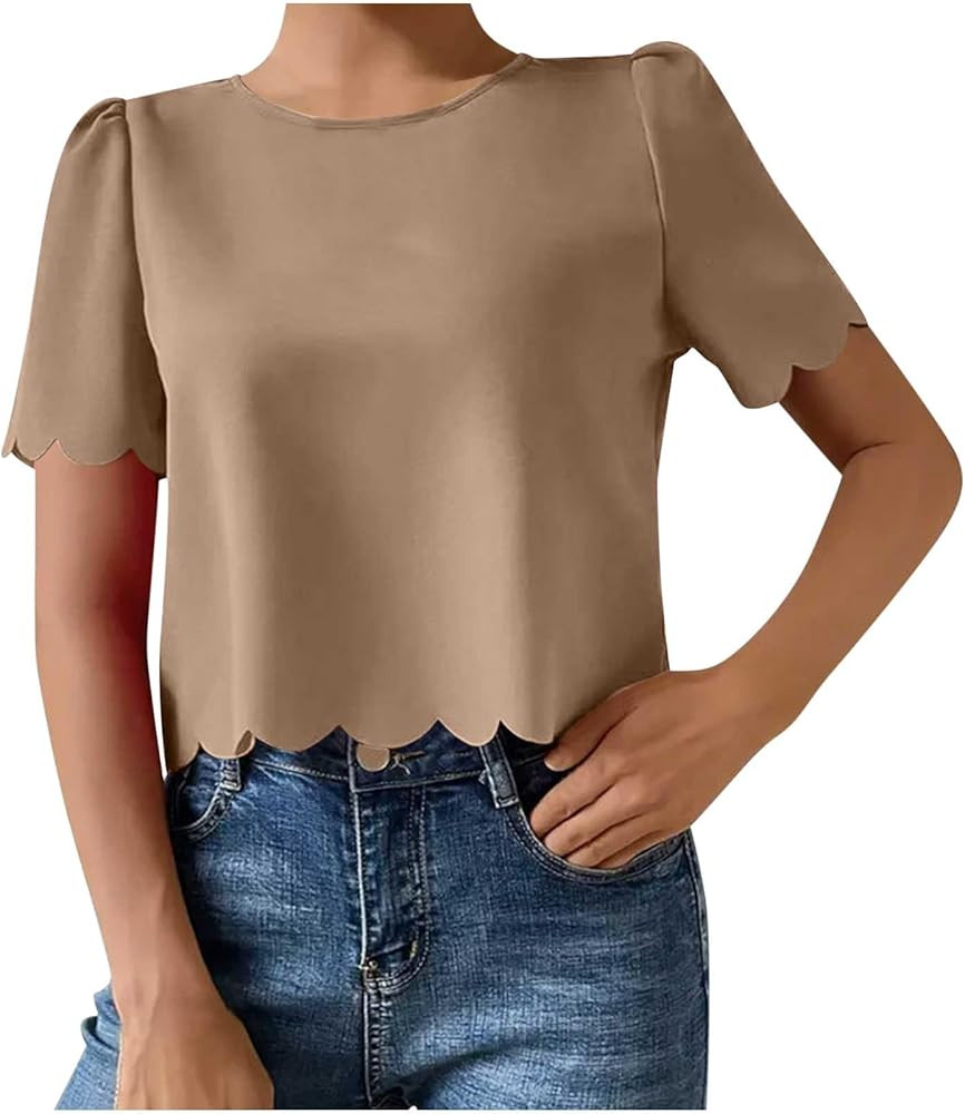 Mzkdieey Women's Scallop Trim Short Sleeve Tops Casual Keyhole Back Blouse Solid Color Loose Fit ... | Amazon (US)