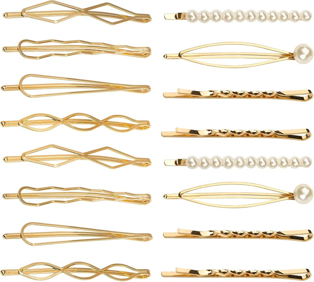 16 Pieces Geometric Metal Hair Pins, Pearls Hair Clips Elegant Hair Barrettes Bridal Gold Metal B... | Amazon (US)