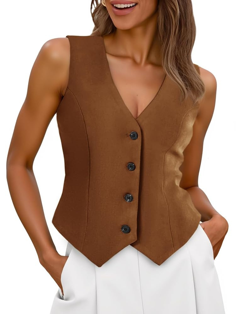 Tankaneo Womens Cropped Blazer Vest Tops Sleeveless V Neck Fitted Waistcoat Button Up Business Ca... | Amazon (US)