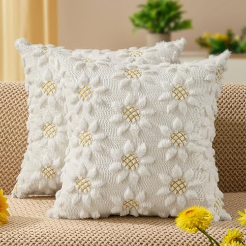 DFXSZ Spring Summer Pillow Covers 18x18 inch Set of 2 Farmhouse Decor Yellow Color Flower Heart S... | Amazon (US)