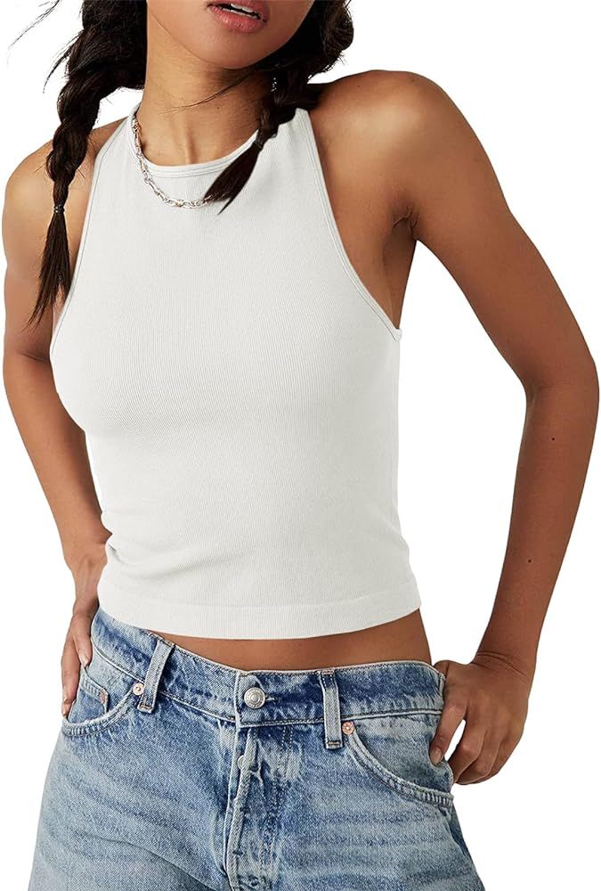 Tankaneo Womens Cropped Tank Tops Ribbed Sleeveless Round Neck Racerback Basic Cami Shirt Top | Amazon (US)
