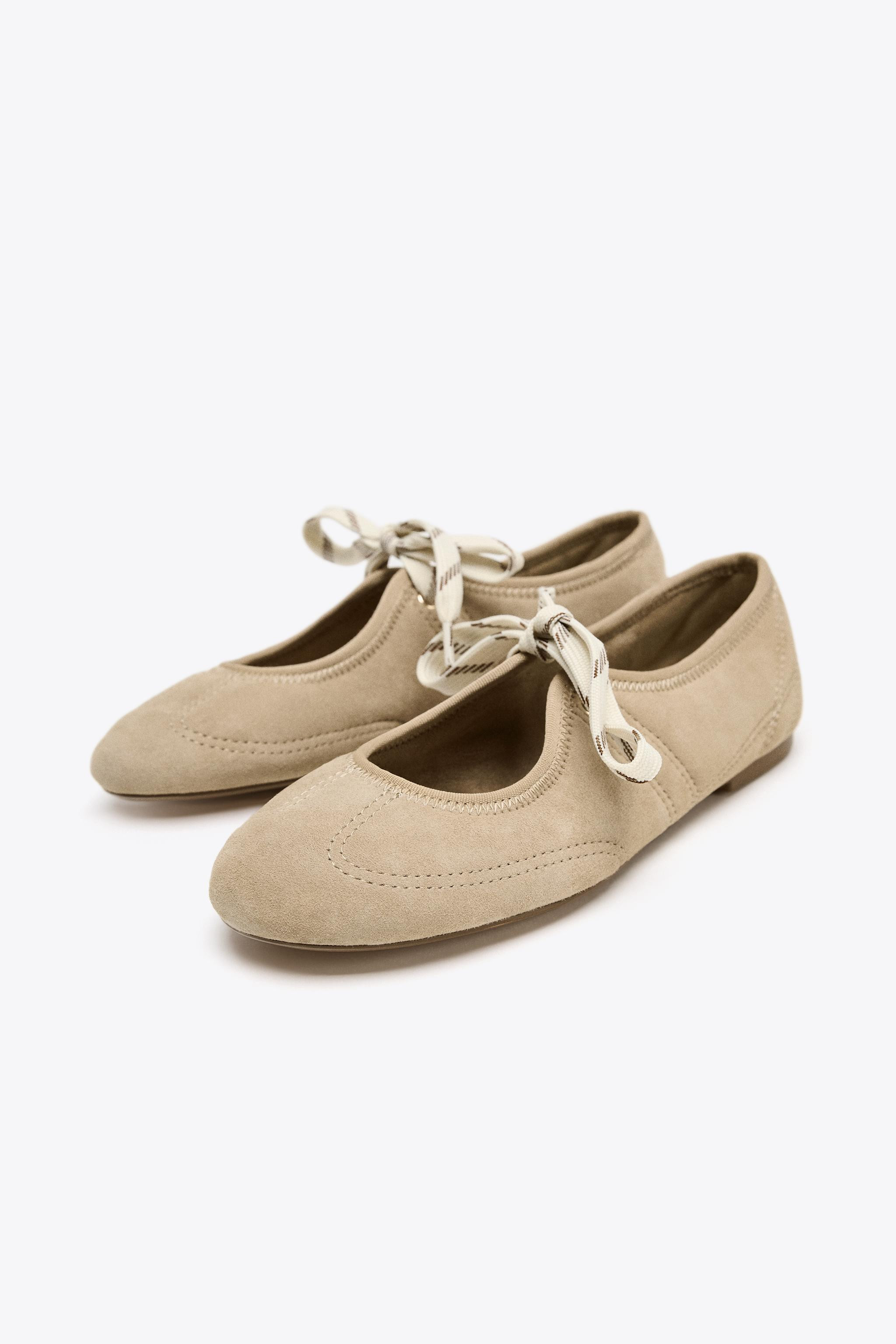 SPLIT LEATHER LACE-UP BALLET FLATS | Zara US