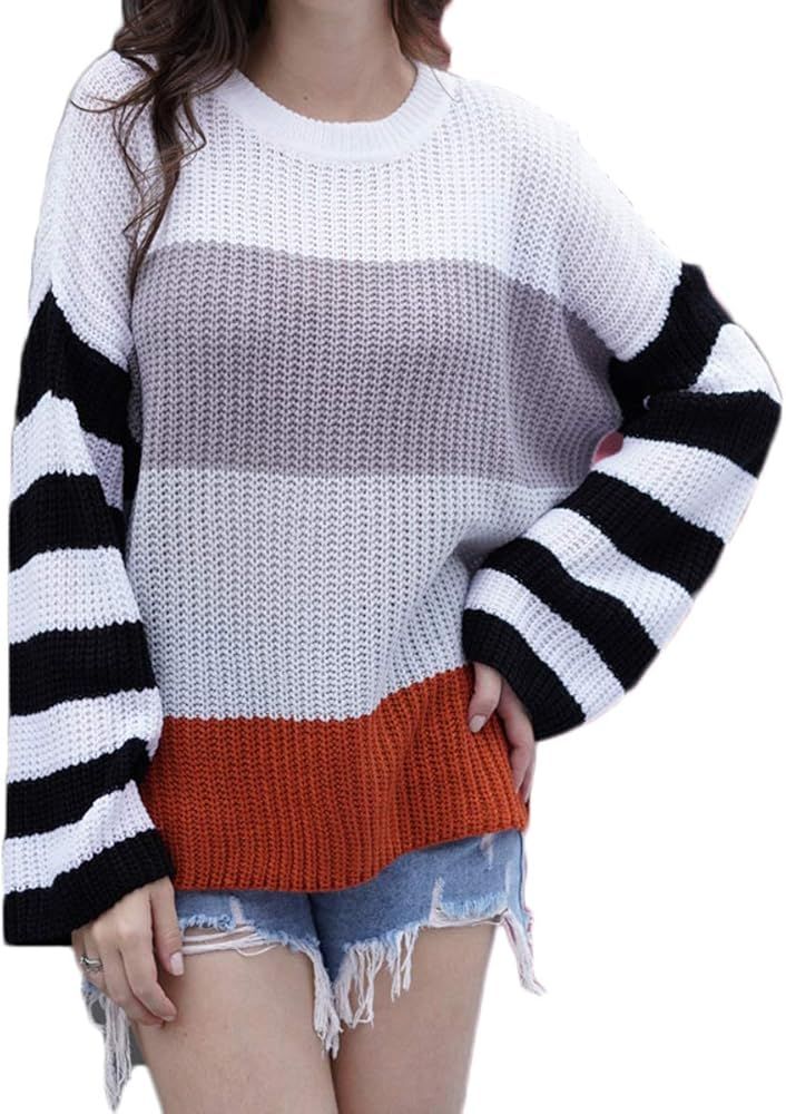 Womens Casual Crew Neck Striped Color Block Sweater Oversized Lightweight Long Sleeve Knit Pullover  | Amazon (US)