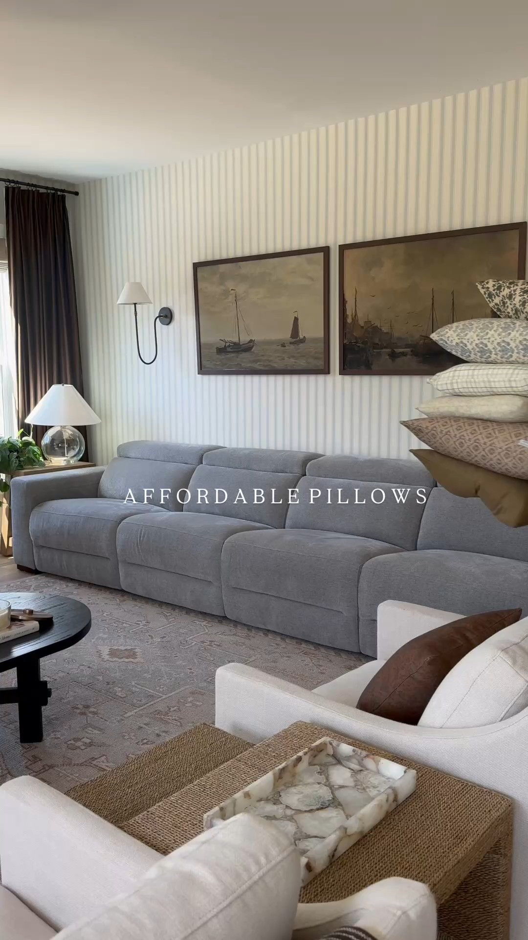 Affordable throw pillows, pillows under $25!, comfy sectional sofa, vintage modern living room inspo, sconces, velvet curtains 

Pillow sizes: left side: 22, 18, 12x20 
Right side: 22, 18, 18

#LTKHome #LTKFindsUnder100 #LTKFindsUnder50