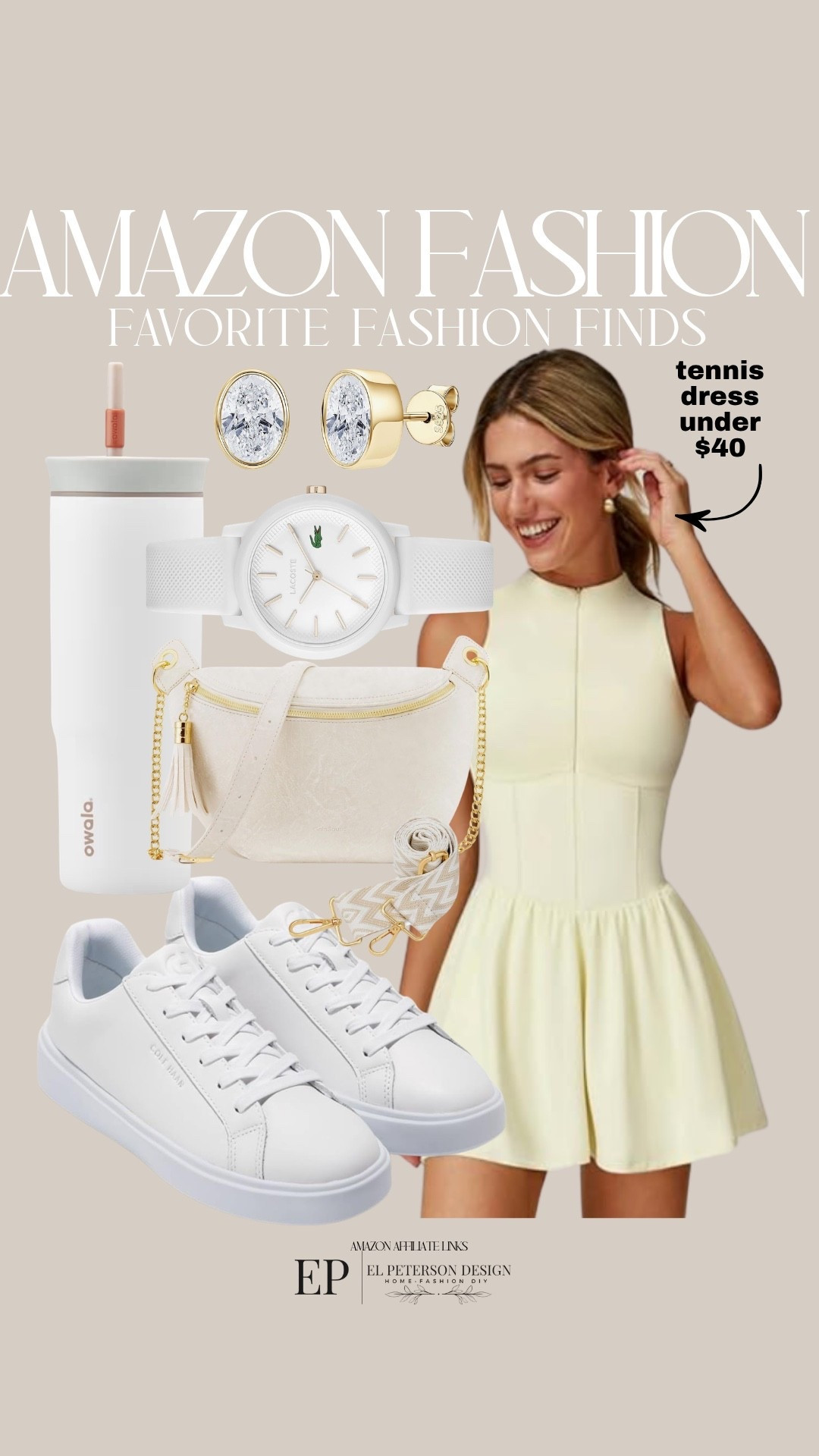 Amazing
Tennis dress
Sneakers 
Water bottle
Earrings
Watch
