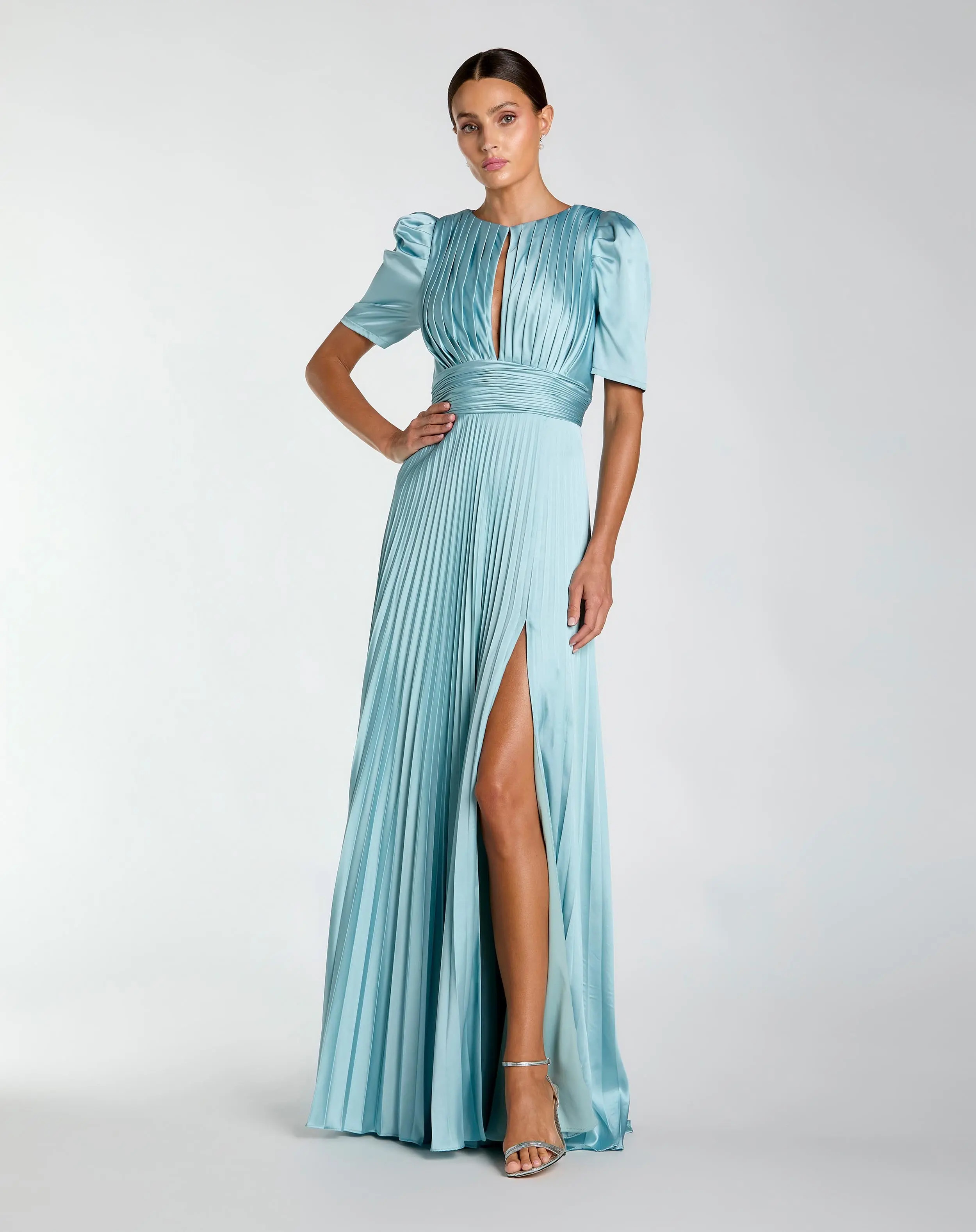 Blue Pleated Charmeuse Puff Sleeve Gown With Slit | Mac Duggal | Mac Duggal