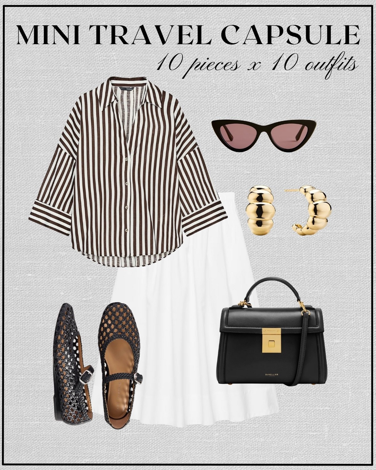 10x10 mini travel capsule: Paris edition 

Oversized striped button up / white poplin skirt / black mesh ballet flats / Demellier purse / gold earrings cat eye sunglasses / relaxed summer style 

#LTKStyleTip #LTKTravel