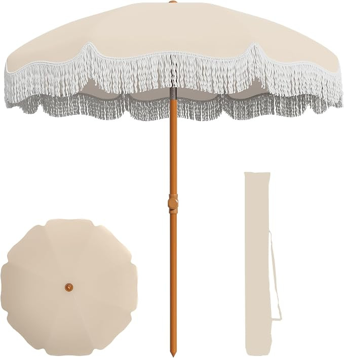 7ft Patio Umbrella with Fringe, UPF50+ Beach Umbrella for Table, Pool & Garden, Portable Outdoor ... | Amazon (US)