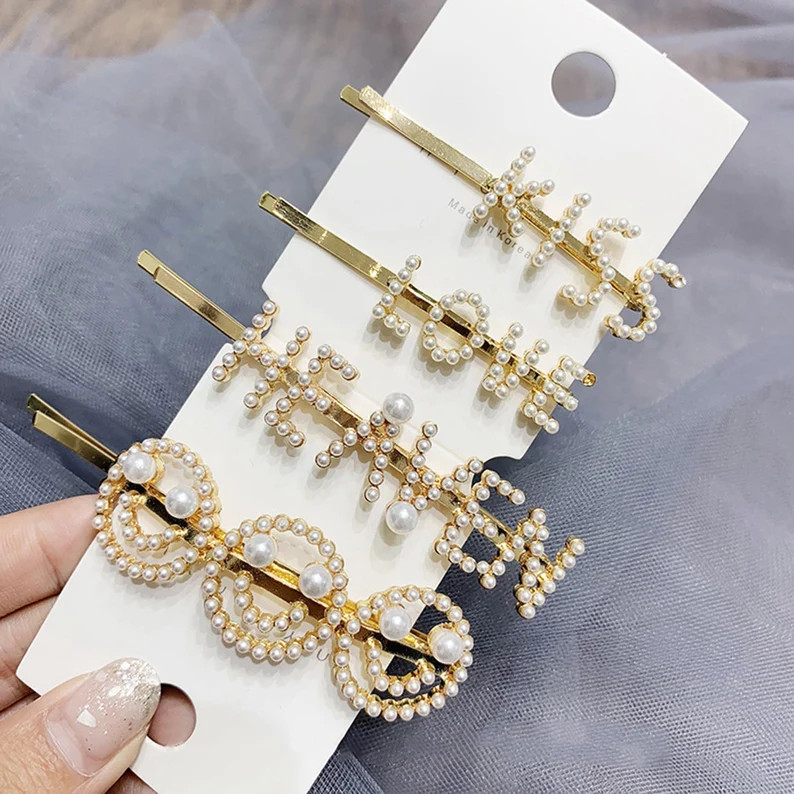 Golden Crystal Barrette, Crystal Hair Clip, English Word Hairpin, Love Hair Clip, Pearl Hairpin, ... | Etsy (US)