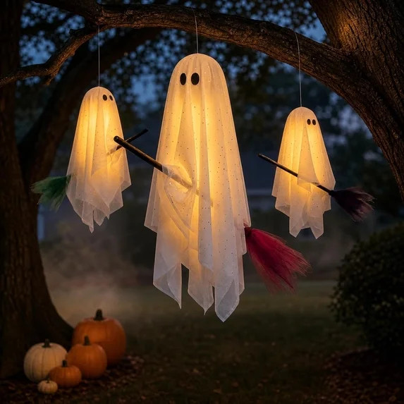 Halloween Decorations Outdoor, 3 Pack Hanging Ghosts on Brooms with Built-in Warm Lights, Flying ... | Walmart (US)