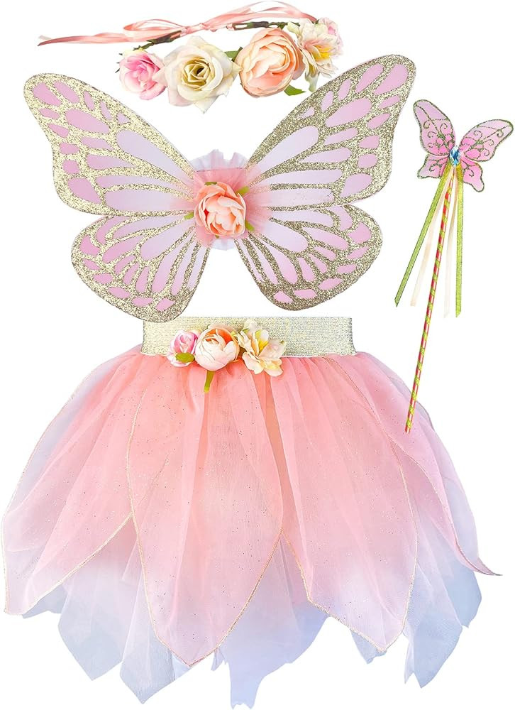Girls Fairy Costume Set with Butterfly Wings Tutu Wand and Halo Headban | Amazon (US)