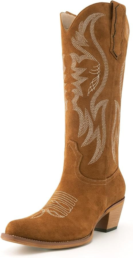 KaroNairy Women Cowboy Boots Faux Suede Embroidered Pointed Thick Heeled Western Wide Calf Cowgir... | Amazon (US)