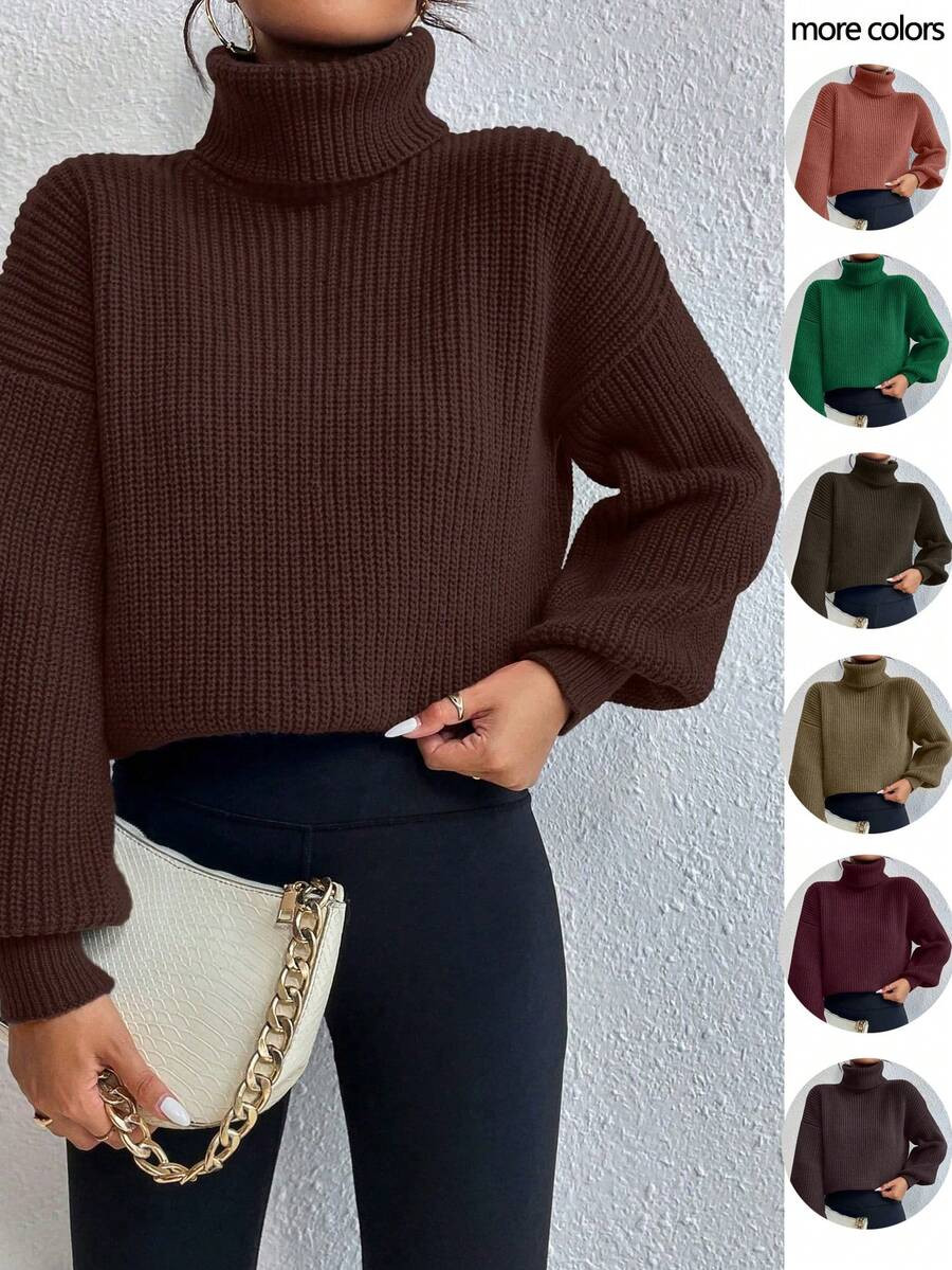 Celisse Casual High Collar Loose Ribbed Knit Drop Shoulder Sweater For Autumn/Winter, Long Sleeve... | SHEIN