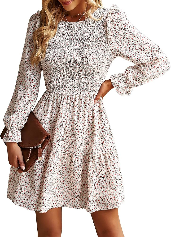 KIRUNDO Women Spring Summer Long Sleeve Floral Dress Casual Crewneck Smocked High Waist Ruffle A ... | Amazon (US)