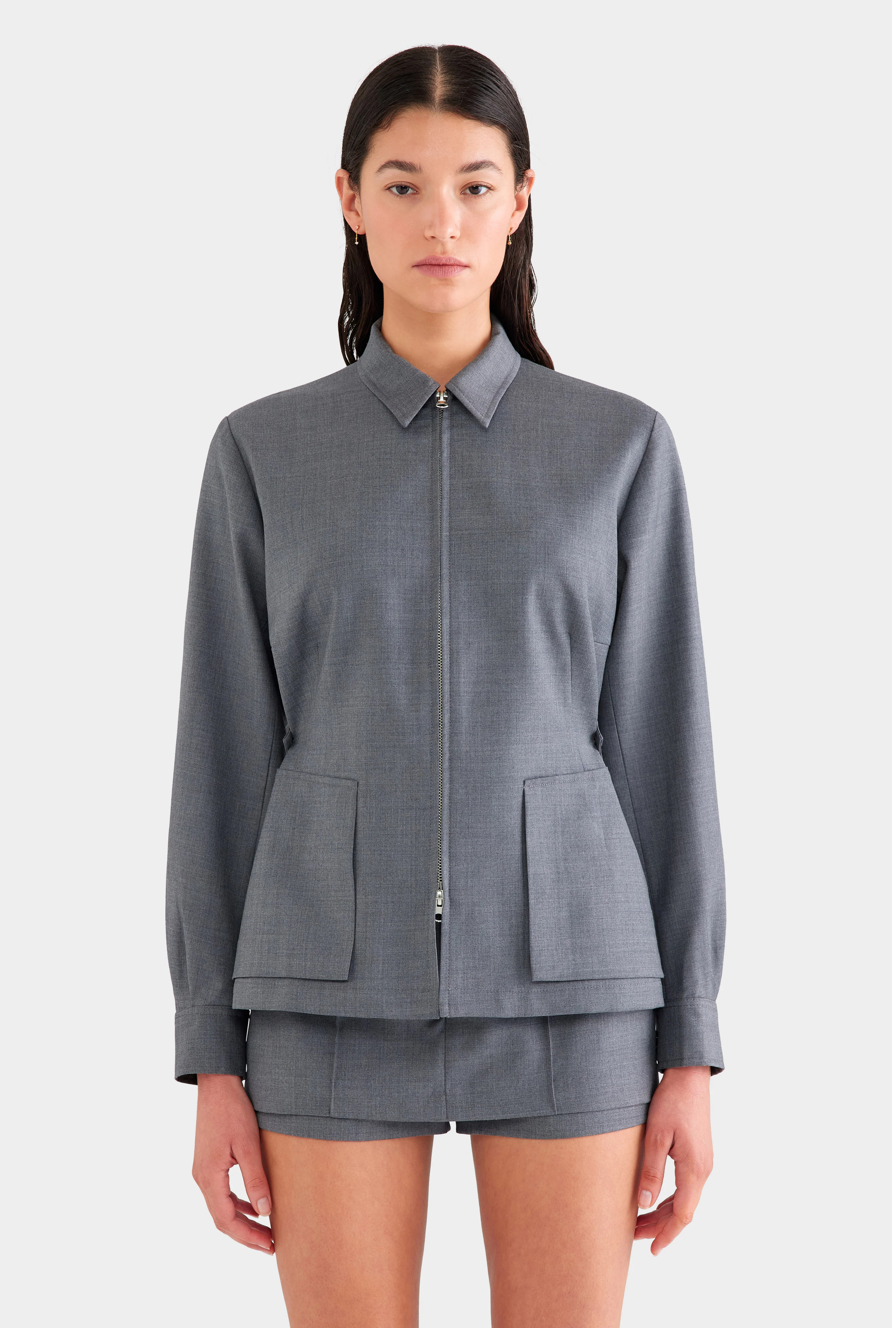 Womens Tailored Wool Zip Suit Jacket in Dark Grey Marl | Venroy | Venroy AU