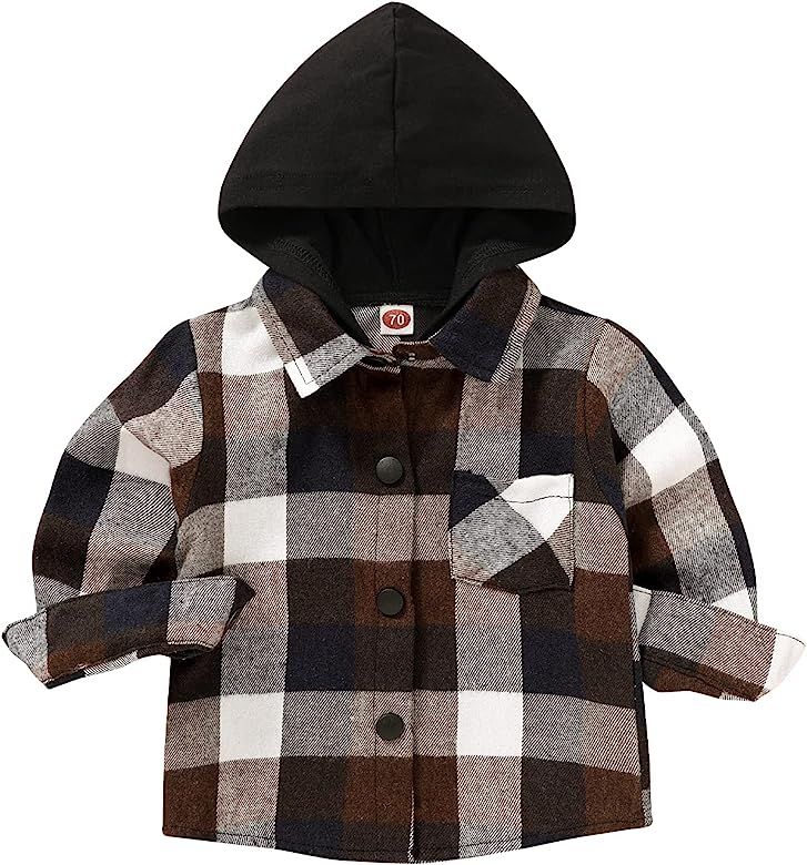 YOUNGER STAR Toddler Kids Boys Girls Flannel Hooded Plaid Shirt Button Baby Boy Plaid Shirt Hoode... | Amazon (US)