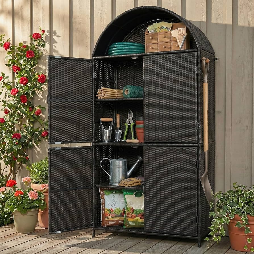 JIJIWANG 72" Tall Arched Wicker Outdoor Storage Cabinet with Shelves and Doors, Rattan Outdoor St... | Amazon (US)