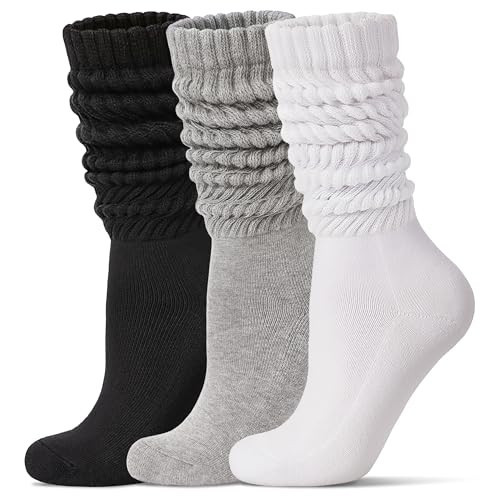 Toetally Women's Slouch Socks Thigh High Boot Sock Soft Stacked Scrunch Socks 3 Pairs Black White Gray L | Amazon (US)