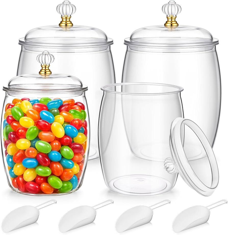 Mwellewm 4Pc Candy Jars with Lids 1 Gallon/64 OZ Clear Plastic Cookie Container with Scoops Large... | Amazon (US)