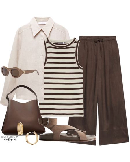 Linen shirt, stripe vest top, brown linen trousers, suede sandals & brown shopper bag with gold earrings & brown celine sunglasses.
Spring summer outfit, casual outfit, holiday outfit, neutral.

#LTKeurope #LTKstyletip #LTKSeasonal