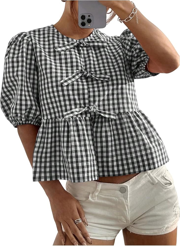MakeMeChic Women's Plaid Gingham Bow Blouse Puff Sleeve Crew Neck Ruffle Hem Blouses Top | Amazon (US)