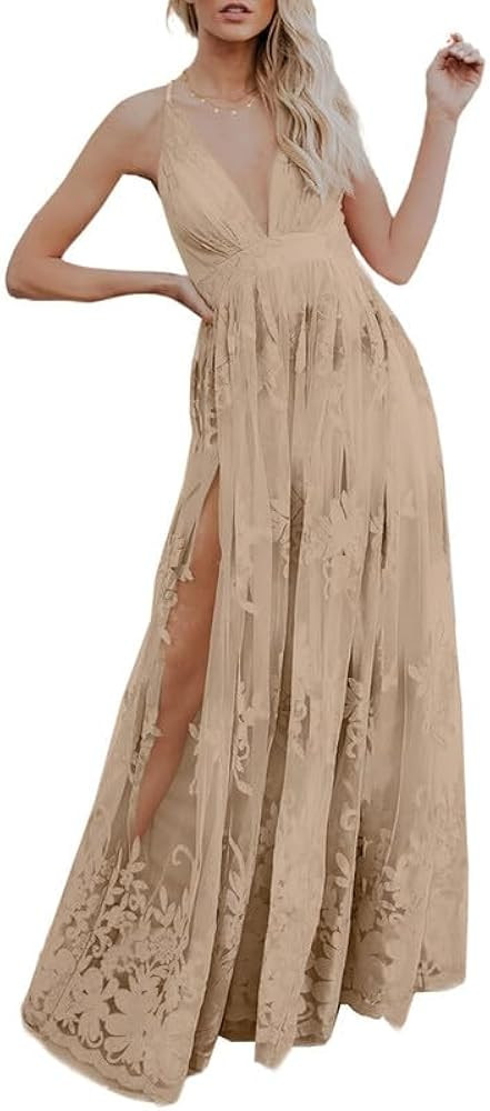 Dokotoo Womens Formal Dresses Deep V-Neck Embroidered Lace Mesh Evening Party Prom Dress Long Wed... | Amazon (US)