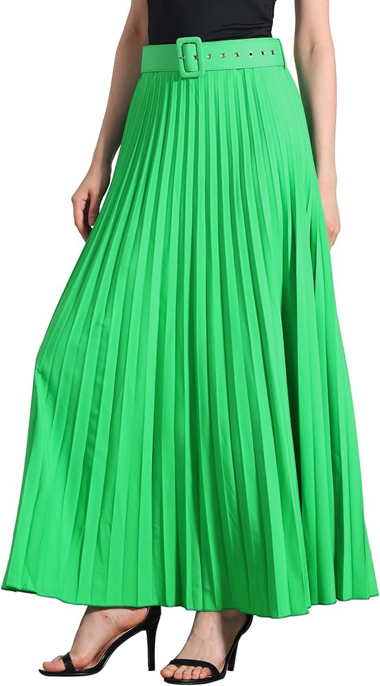Allegra K Long Pleated Skirt for Women's Elastic High Waist with Belt Swing A-line Work Maxi Skir... | Amazon (US)