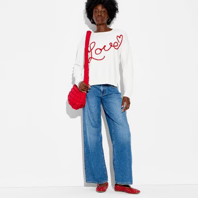 Women's Love Graphic Pullover Sweater - White S | Target